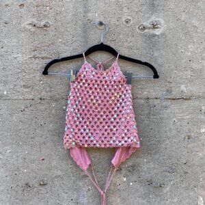 Pink Sequin Crochet Halter Cami Top